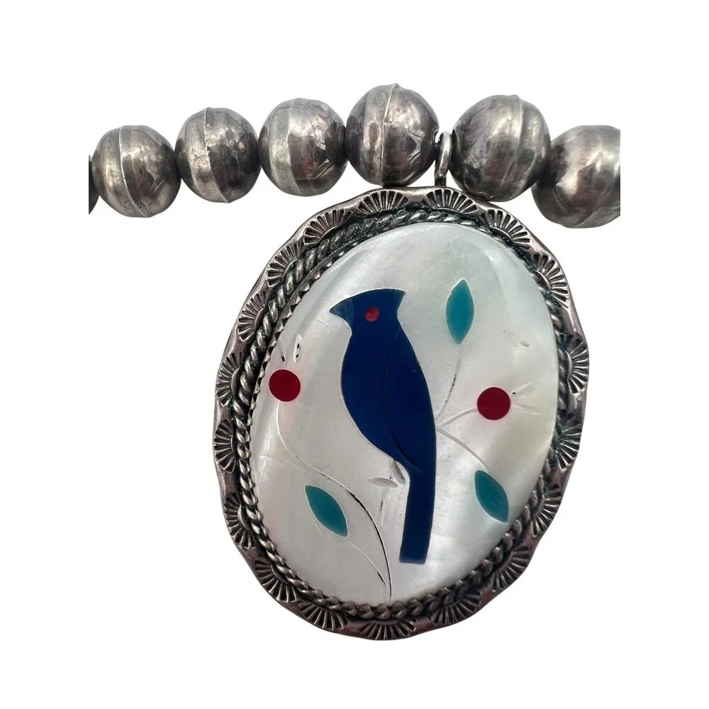 Vintage/Antique Native American Zuni Necklace Blue Bird Sterling Silver Bead - Picture 10 of 10